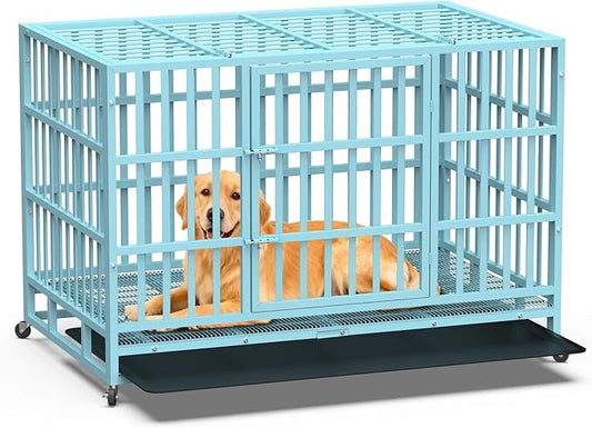 Heavy Duty Indestructible Dog Crate 48 Inch with Removable Tray, Sizes & Colors Optional, Escape Proof Double Door High Anxiety Cage Indoor, Kennel with Wheels for Large Dogs, XL XXL XXL