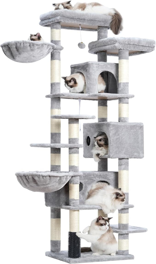 Hey-brother Cat Tree, 74 inches Multi-Level XL Large Cat Tower for Indoor Cats with Three Cat Condos, Two Large Top Decks and Cat Hairbrushfor Kittens, Cats and Pets, Light Gray MPJ035-MW