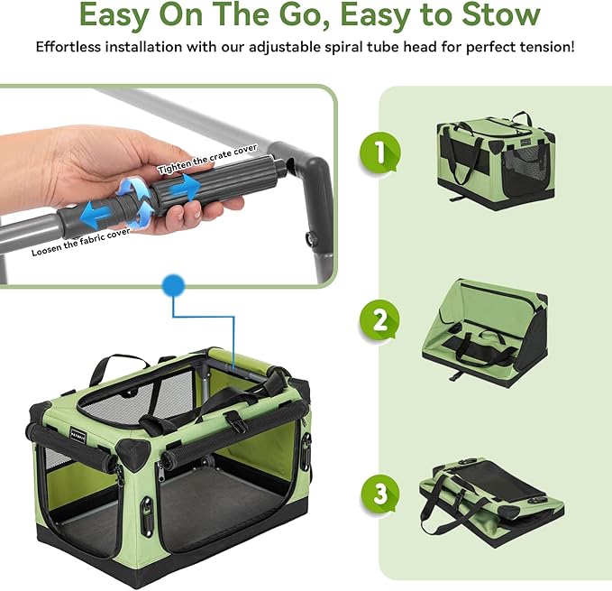 PETSFIT Soft Dog Crate, Dog Car Crate with Safety Belt Attachment Buckles and Thicken Mat, Adjustable Crate Cover, Portable & Collapsible Cat Crate Puppy Carrier Kennel, Green 20 inch