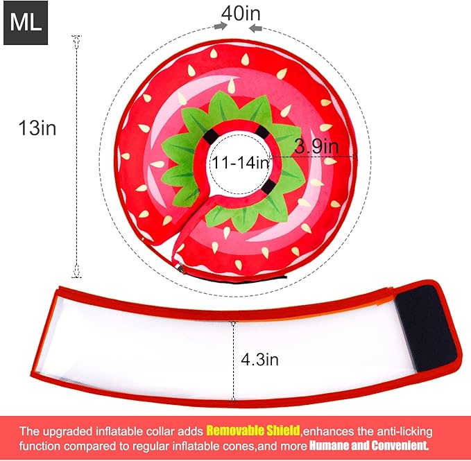 Inflatable Dog Cone Collar for Large Medium Small Dogs, Soft Dog Donut Collar Adjustable Recovery Cone for Pets After Surgery, Extra Enhanced Anti-Licking Guard Shield for Pets (ML, Strawberry)