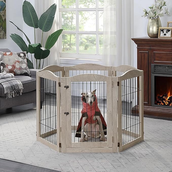 unipaws 132" Extra Wide Dog Gate and Pet Playpen, Free Standing Tall Fence with Walk Through Door, Barriers for Home, Use as Indoor Dogs Cats Pen, Rabbit Pen, Weathered Grey