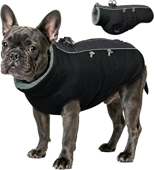 IDOMIK Warm Dog Coat with Harness, Waterproof Reflective Dog Jackets for Small Medium Large Dogs, Fleece High Collar Winter Jacket with Zipper, Pet Winter Snowsuit Clothes for Cold Weather,Black L