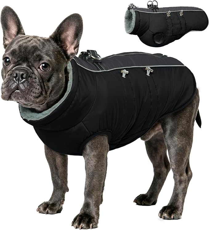 IDOMIK Warm Dog Coat with Harness, Waterproof Reflective Dog Jackets for Small Medium Large Dogs, Fleece High Collar Winter Jacket with Zipper, Pet Winter Snowsuit Clothes for Cold Weather,Black M