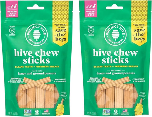 Hive Treats for Dogs 2 Pack — Healthy, Non-GMO Project Verified, Natural Peanut Butter Flavored, Natural, Vegetarian Chews, Made in The USA (Chew Sticks, Large Breeds)