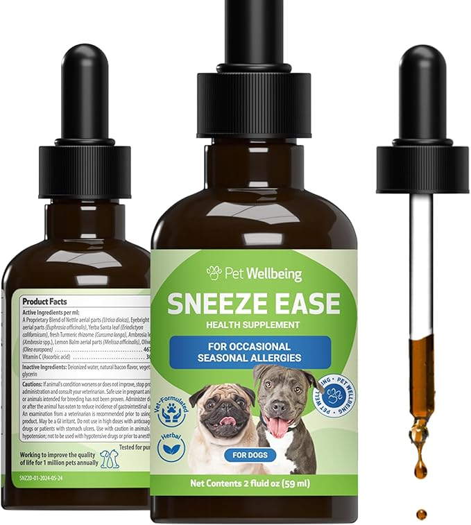 Pet Wellbeing Sneeze Ease for Dogs - Occasional Sneezing, Seasonal Allergies, Nose & Eye Discomfort, Eyebright, Nettles - Veterinarian-Formulated Herbal Supplement 2 oz (59 ml)