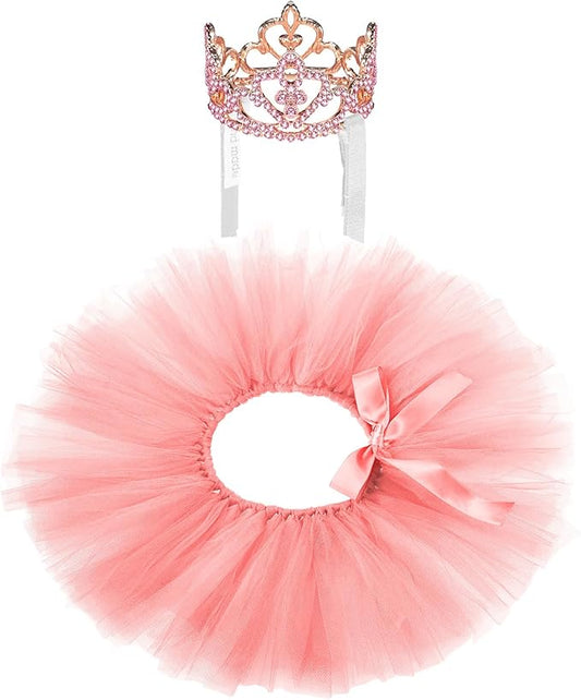 2 Pcs Dog Crown Headband Dog Tutu Dress Set Crystal Rhinestone Tiara Crown Tutu Skirt Pet Dress Costume for Puppy Birthday Party Wedding Photo Prop Costume(Dusty Pink,Large)