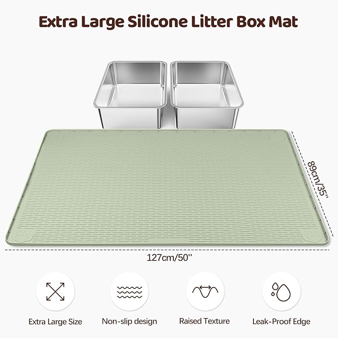 Cat Litter Mat, XXL Extra Large 50" x 35" Silicone Mat Litter Trapping Mat for Scatter Control, Soft on Kitty Paws, Easy to Clean (Green)