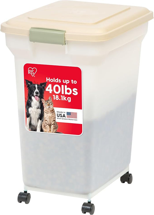 IRIS USA Airtight Dog Food Storage Container, WeatherPro, Up to 40 lbs, Removable Wheels, for Dog Cat Bird and Other Pet Food Storage Bin, Keep Fresh, Translucent Body, Made in USA, Pearl/Almond