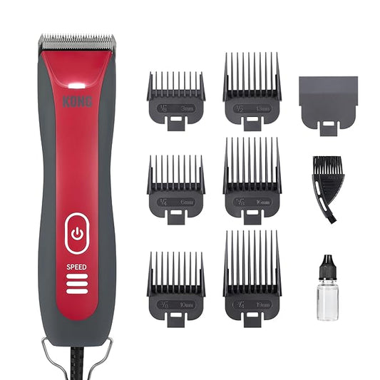 KONG 3-Speed Dog Clipper Grooming Kit – Stainless Steel Blade, Waterproof, LED Spotlight, 6 Guide Combs, 10-Foot Cord, Ergonomic Handle – Red/Gray, All Coat Types