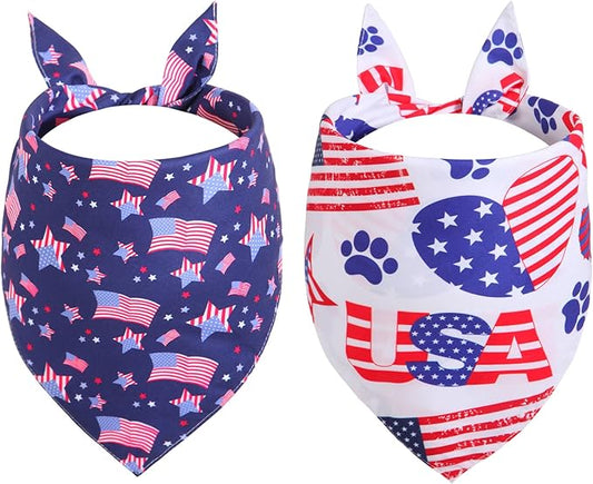 4th of July Dog Bandanas Large 2PCS, American Flag Patriotic Scarf, Independence Holiday Bandana,Premium Durable Triangle Reversible USA Bandana for Medium Large Dogs Cats