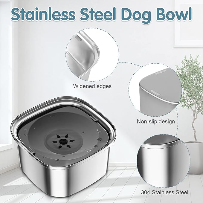 UPSKY 3L Dog Water Bowl No Spill, Splash Proof Dog Bowl Stainless Steel No Mess Slow Drinking Water Bowl, Dark Grey