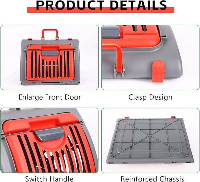 Foldable Travel Cat Carrier, Small Cat Carrier Hard Up to 25lbs, 18" Lx14.5 Wx14 H Front Open Type Plastic Cat Carriers, Red