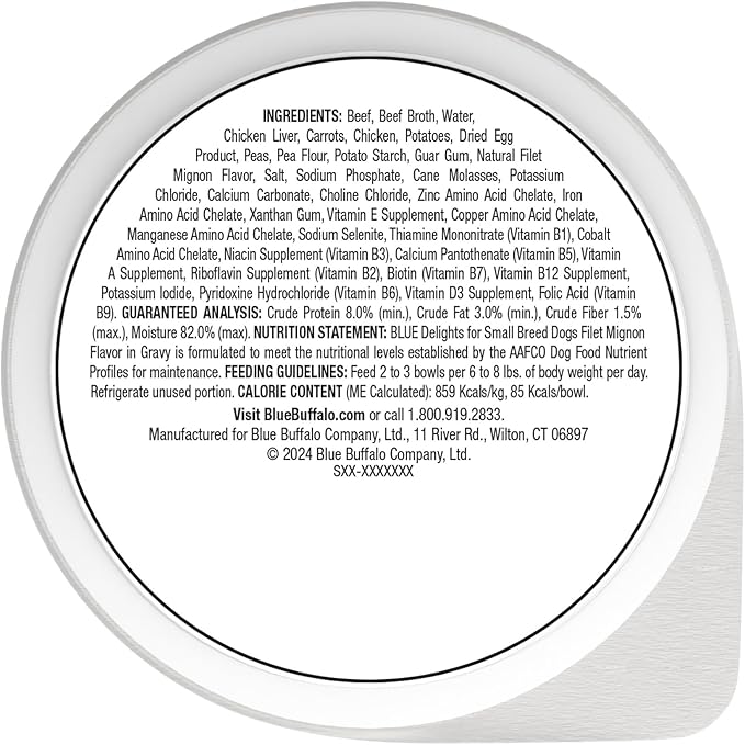 Blue Buffalo Delights Small Breed Natural Wet Dog Food, Filet Mignon Flavor in Gravy, 3.5-oz Cups, 12 Count