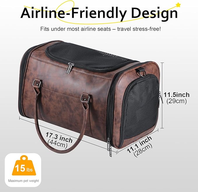 Stylish Leather Pet Carrier for Small Dogs and Cats Up to 15 lbs, Airline Approved Lightweight Travel Tote with Breathable Mesh and Shoulder Strap Coffee
