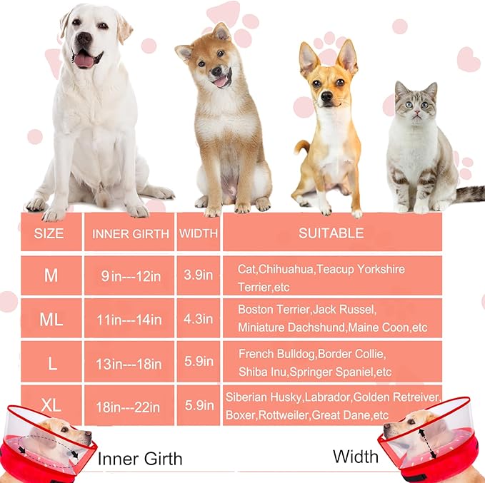 Inflatable Dog Cone Collar for Large Medium Small Dogs, Soft Dog Donut Collar Adjustable Recovery Cone for Pets After Surgery, Extra Enhanced Anti-Licking Guard Shield for Pets (ML, Strawberry)
