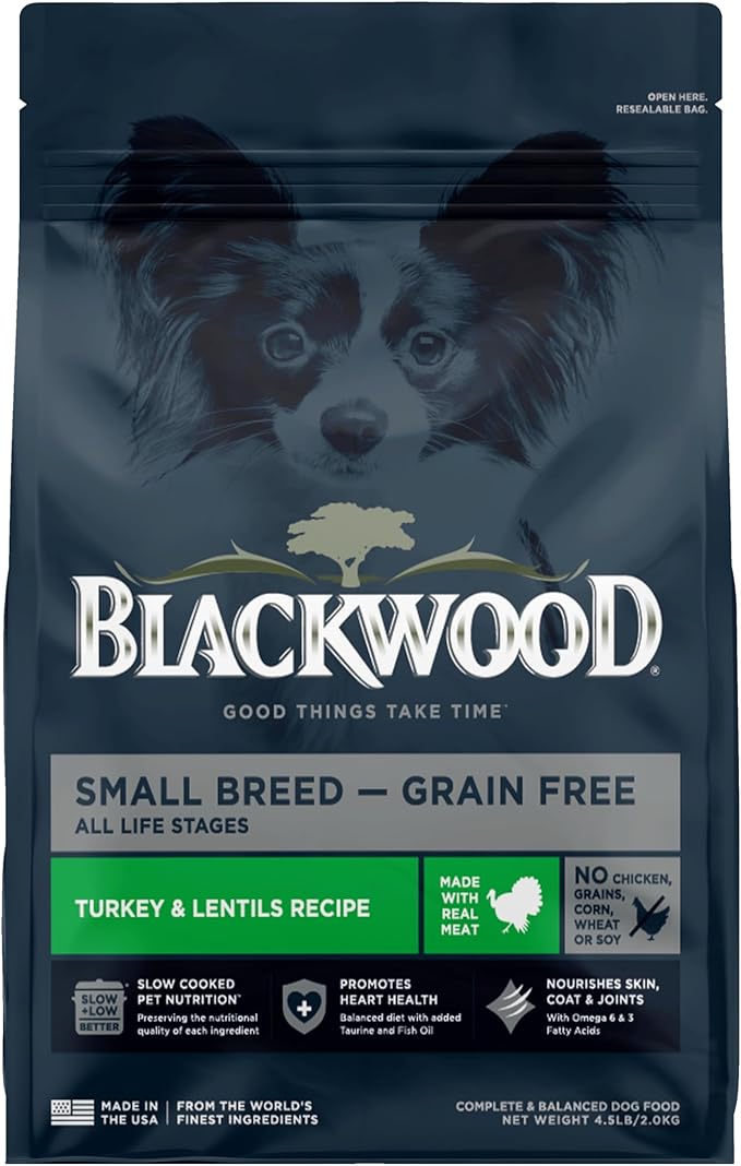 Blackwood Grain Free Small Breed Dry Dog Food, Turkey & Lentils Recipe, 4.5 Pound Bag for All Life Stages, Slow Cooked with Taurine and Fish Oil to Promote Heart Health