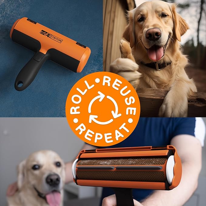 Triton Pet Hair Remover w/Fur Trapping Compartment - Easy to Use Pet Hair Removal Tool - Detachable Handle Cat & Dog Hair Remover for Car, Furniture, Clothes, Couch - Reusable Lint Roller (Orange)