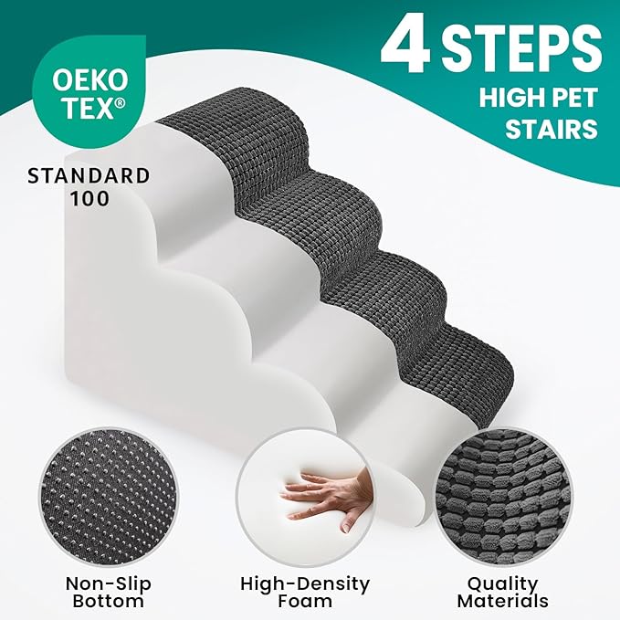 Dog Stairs for Small Dogs, 20.5" H 4 Step Curved Dog Ramp for High Bed and Couch, Foam Dog Ramp with Durable Non-Slip Waterproof Fabric Cover, Pet Stairs for Pets Joints, Grey