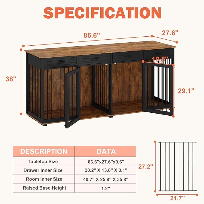 Extra Large Dog Crate,86.6" Heavy Duty Wooden Dog Cage Furniture Dog Crate Kennel with Drawers & Removable Divider,Indoor Luxury Dog House w/Double Rooms for XL L Dogs,Rustic Brown