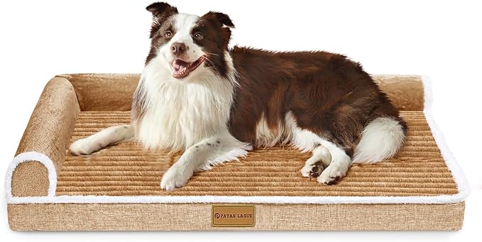 Patas Lague Orthopedic XL Dog Bed Large Sized Dog 42''X28'', Waterproof Comfortable L Bolster Big Large Non-Slip Soft Warm Pet Crate Bed Sleep Sofa mat with Removable Washable Cover, Brown