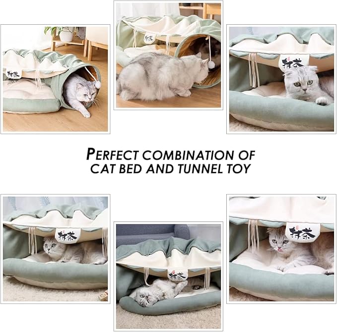 Cat Rabbit Tunnel Bed Nest for Cats Indoor, with Collapsible Washable Soft Cushion, Plush Ball and Exercise Wheel Tube, Fit for Puppy Bunny Kitty Kitten Ferret