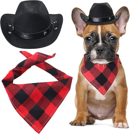 Yewong Pet Cowboy Costume Accessories - Dog Cat Pet Size Cowboy Hat and Bandana Scarf West Accessories for Puppy Kitten Party Festival and Daily Wearing Set of (Black Hat+Red Bib)