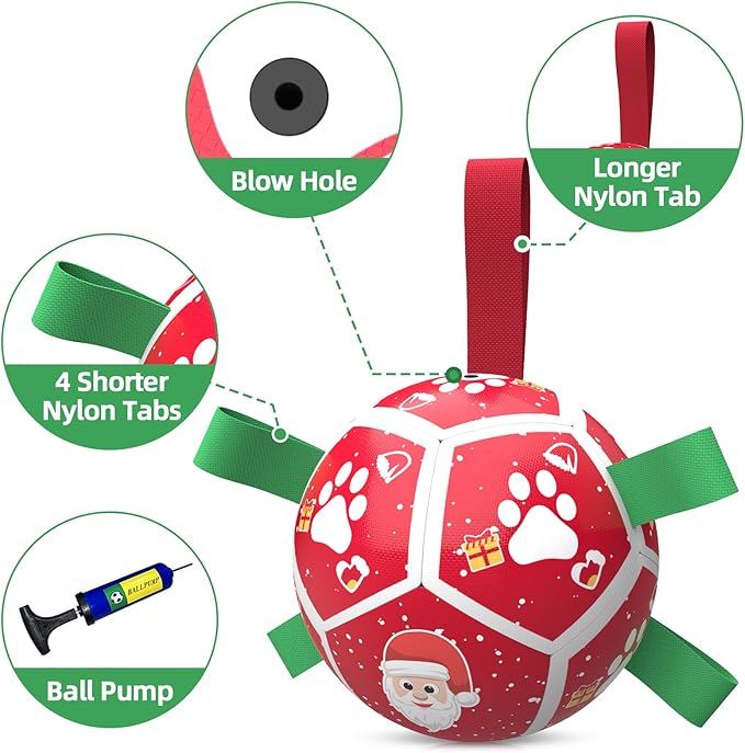 QDAN Small Christmas Dog Toys, Soccer Ball with Straps, Outdoor Interactive Toys for Tug of War, Puppy Birthday Gifts, Water Toy, Durable Dog Balls for Puppy (5 Inch)