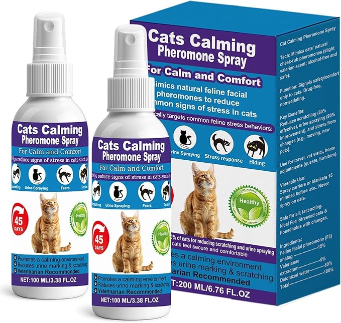 Cat Pheromone Calming Spray – Managing Stress-Related Behaviors in Kittens and Cats – with F3 Facial Pheromone and Valerian – Reduces Scratching, Spraying, and Hiding – 2 Pack / 6.76oz