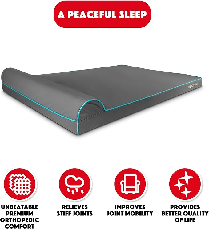 The Dog’s Bed Orthopedic Headrest Dog Bed XXXL Grey/Blue, Memory Foam, Pain Relief for Arthritis, Hip & Elbow Dysplasia, Post Surgery, Lameness, Waterproof Washable Cover