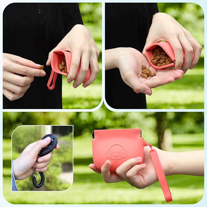 WALLFID Silicone Dog Treat Pouch Small Bag,Auto Closure,with Pet Training Clicker,Walking Bag for Dog and Cat,Pocket Size,Easy to Clean,Odorless(Claret)