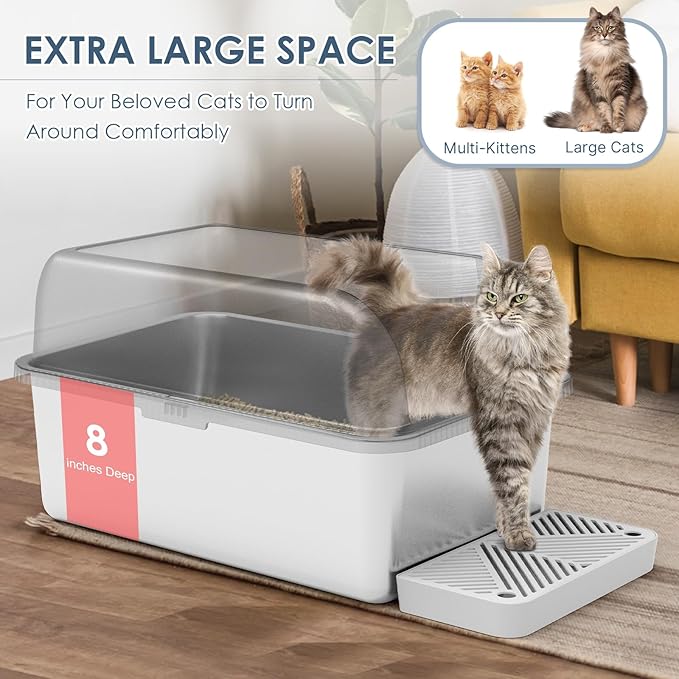 8" Deep Stainless Steel Cat Litter Tray with Lid Extra Large Litter Box for Big Cats XL Metal Litter Box Pan with High Wall Sides Enclosure, Non-Sticky, Anti-Leakage, Easy Cleaning