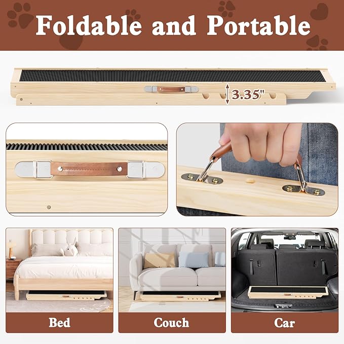 Dog Ramp for High Bed, Couch, Car, Pet Ramps 55.12" Long Adjustable 19.3"-27.17" Wooden Dog Step with Anti-slip Rubber Mat & Safety Side Rails for Small Medium Large Older Pets, up to 250 lbs