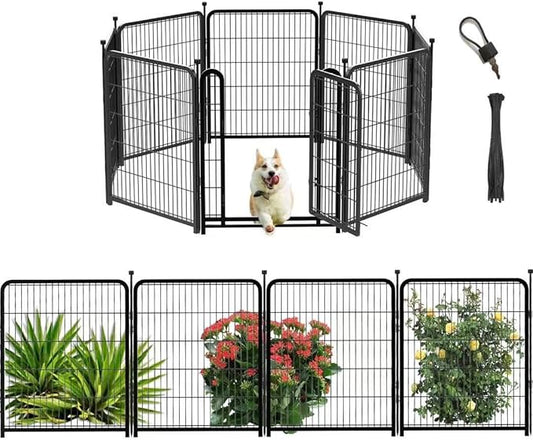 Tall Garden Fence, 32 in(H) 8 Panels Dog Fence Outdoor for Yard. Wide Door Low Threshold Total 17.7 Ft(L), Metal Dog Pen Heavy Duty Pet Puppy Exercise Pen for Rv Camping Garden Yard