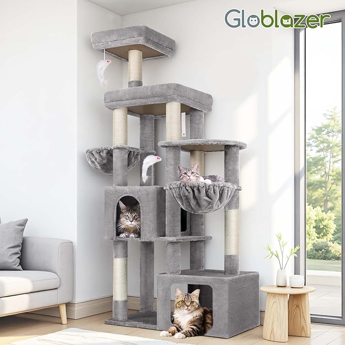 Globlazer Heavy Duty Cat Tree Tower for Large Cats, 68 inch Tall Multi-Level Sturdy Cat Tree Tower for Big Cat with 2 Oversized Condos, 2 Enlarged Perches, 2 Big Hanging Baskets, F68, Light Grey