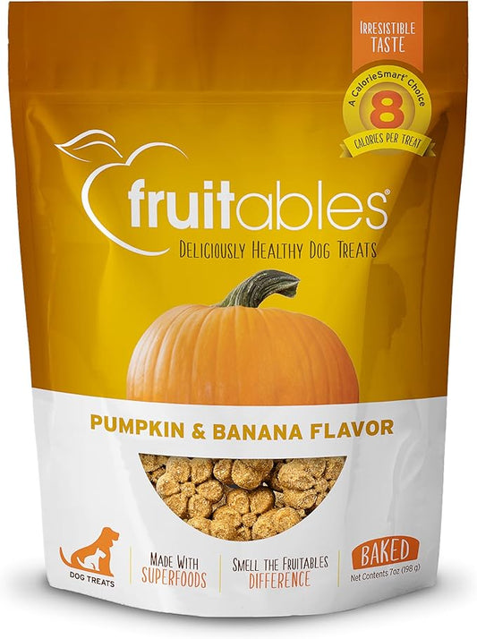 Fruitables Baked Dog Treats, Healthy Pumpkin Treat for Dogs, Low Calorie & Delicious, No Wheat, Corn or Soy, Made in the USA, Pumpkin and Banana Flavor, 7oz