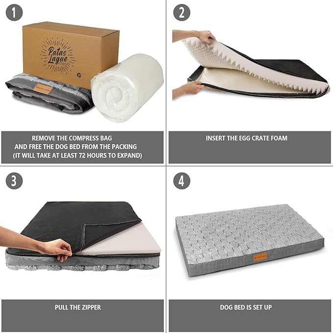 Patas Lague Orthopedic XL Dog Bed Large Sized Dog 42''X28'', Waterproof Soft Comfortable Egg Crate Foam Large Pet Beds Crate Mat with Removable Washable Cover and Nonskid Bottom, Grey