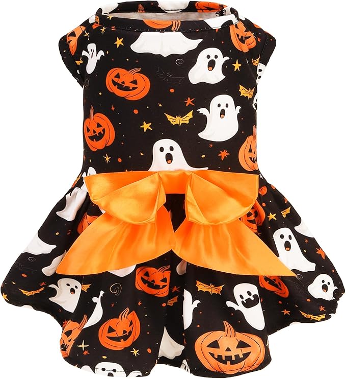 PUPTECK Print Dog Halloween Dress Pet Costumes Apparel with Cute Bowtie Puppy Clothes Outfit, Ghost, XS