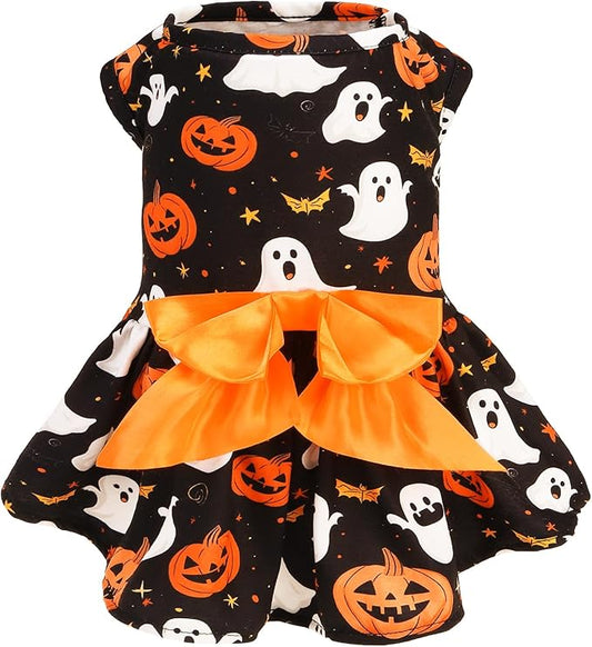 PUPTECK Print Dog Halloween Dress Pet Costumes Apparel with Cute Bowtie Puppy Clothes Outfit, Ghost, XS