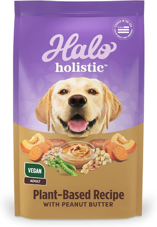 Halo Holistic Vegan Dog Food, Plant-Based Peanut Butter Recipe, Dry Dog Food, Complete Digestive Health, Kibble for Adult Dogs, 21 lb Bag