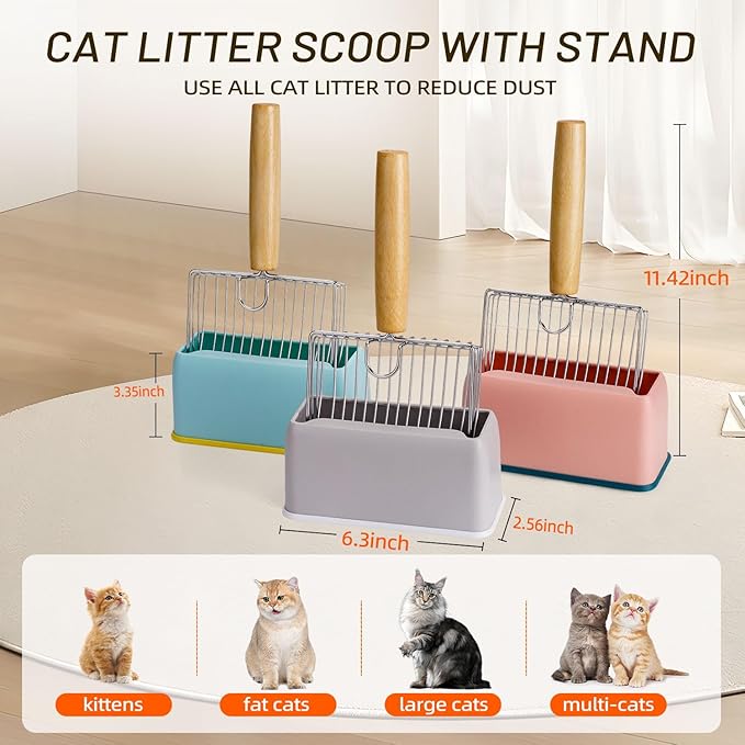 Metal Cat Litter Scoop Kitty Metal Scooper with Hook and Hole, Heavy Duty Stainless Steel Shovel with Wooden Stainless Steel Kitten Poop Lifter for Litter Box(Gray)