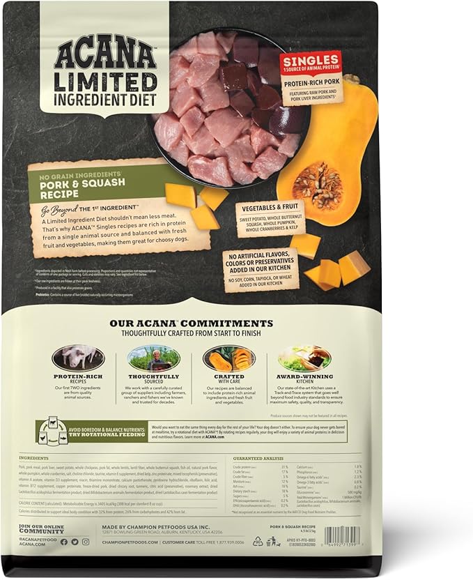 ACANA Singles Limited Ingredient Grain Free High Protein Dry Dog Food Pork & Squash Recipe 4.5lb Bag