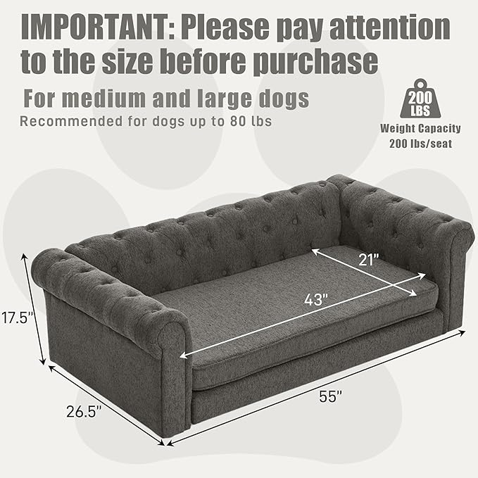 Dog Sofa Couch for Medium to Large Dogs, 55" Memory Foam Pet Sofa Couch with Washable Fabric, Durable Elevated Dog Bed with Legs, Removable Cushion for Medium and Large Dogs, Dark Grey