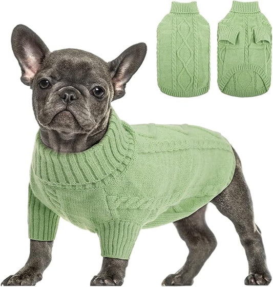 Queenmore Small Dog Pullover Sweater, Cold Weather Cable Knitwear, Classic Turtleneck Thick Warm Clothes for Chihuahua, Bulldog, Dachshund, Pug, Yorkie (Green, X-Large)