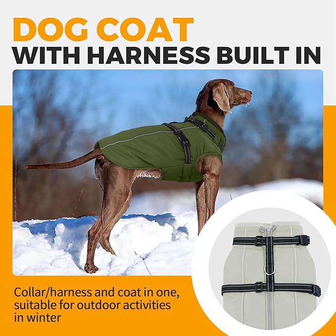 Lelepet Dog Coat with Harness Built in, Waterproof Dog Jacket for Large Dogs Reflective Winter Jacket with Zip Warm Cold Weather Coats for Dogs,Turtleneck Snowsuit, Great Dane, Army Green, XXXL