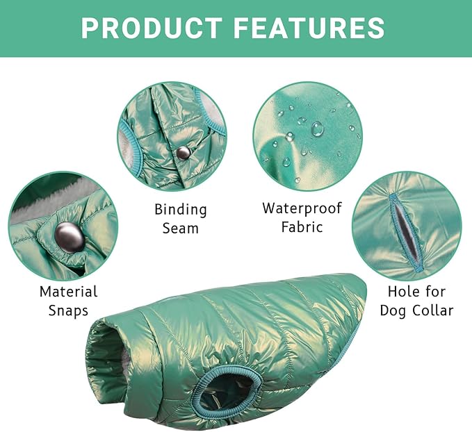 ASENKU Dog Winter Coat - Waterproof Windproof Dog Jacket, Warm Snowproof Doggie Puffer Vest for Cold Weather, Lightweight Snow Coats for Small Medium Large Dogs (Mint Green, 3XL)