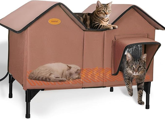 Heated Outdoor Cat House Weatherproof for Winter - Extra Large Heated Cat House for Outside, Elevated Bed, Escape Door, Fully Insulated Feral Cat Shelter for Multiple Cats Small Dogs, Easy Assembly