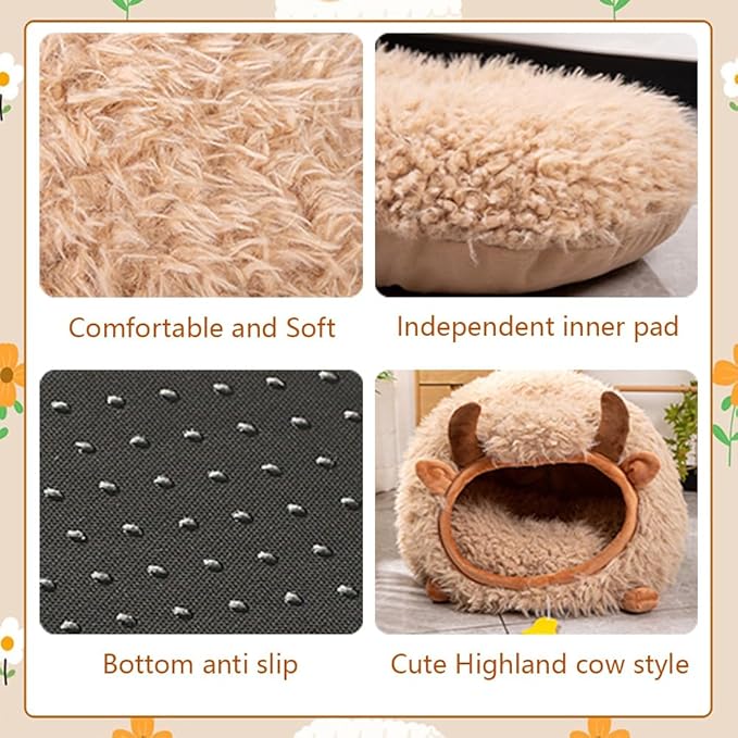 Cute Cat Bed Cave for Indoor Highland Cow Shaped Pet Plush House Self-Warming Nest Small Dogs Rabbits with Removable Cushion for Puppy Bed with Hanging Toy