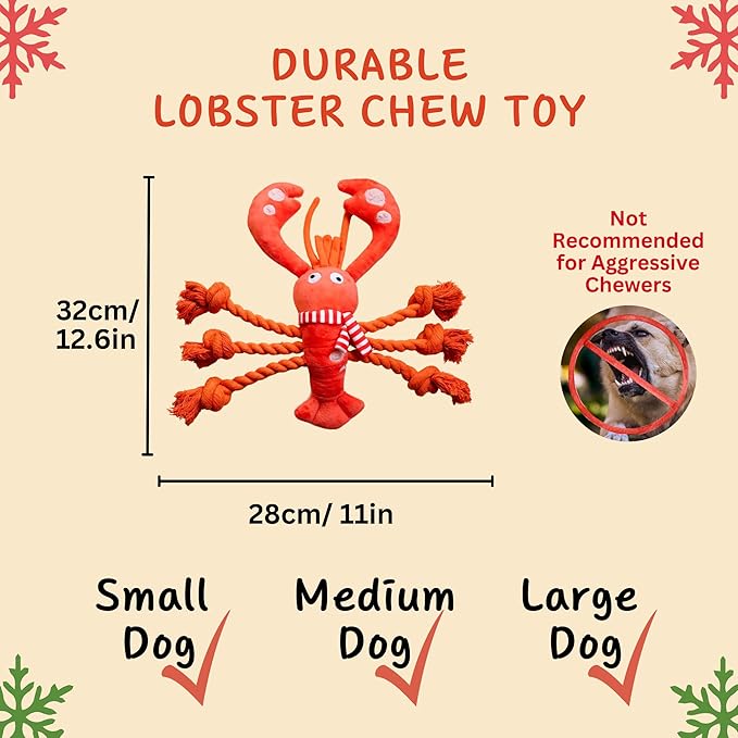 Christmas Dog Toys, Squeaky Tough Rope Tug of War Dog Toys, Interactive Plush Chew Toys, Dog Gifts for Puppy, Small Medium Large Dogs - Lobster