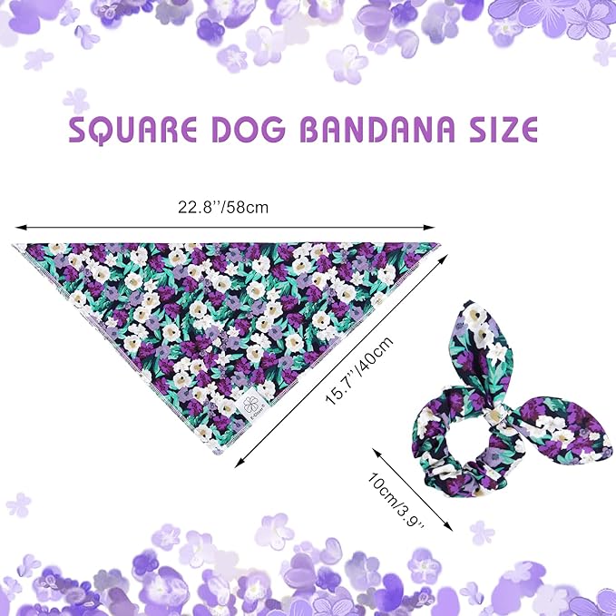 E-Clover Dog Bandanas & Matching Scrunchie Set Dog Bandana Scarf Bibs Washable Kerchief for Small Dogs Puppy & Pet Owner Purple Halloween Accessories