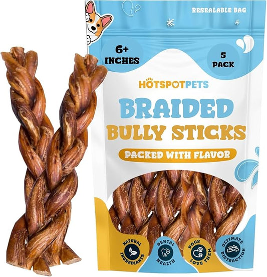 hotspot pets Braided Bully Sticks for Dogs -6 Inch Stix (5 Pack) Premium All Natural Long Lasting Twisted Beef Pizzle Dog Chews -Natural Dental Health, Grain Free, Fully Digestible Rawhide Alternative